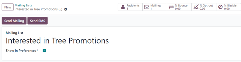 Vista del formulario de listas de correo en la aplicación Marketing por correo de Odoo.
