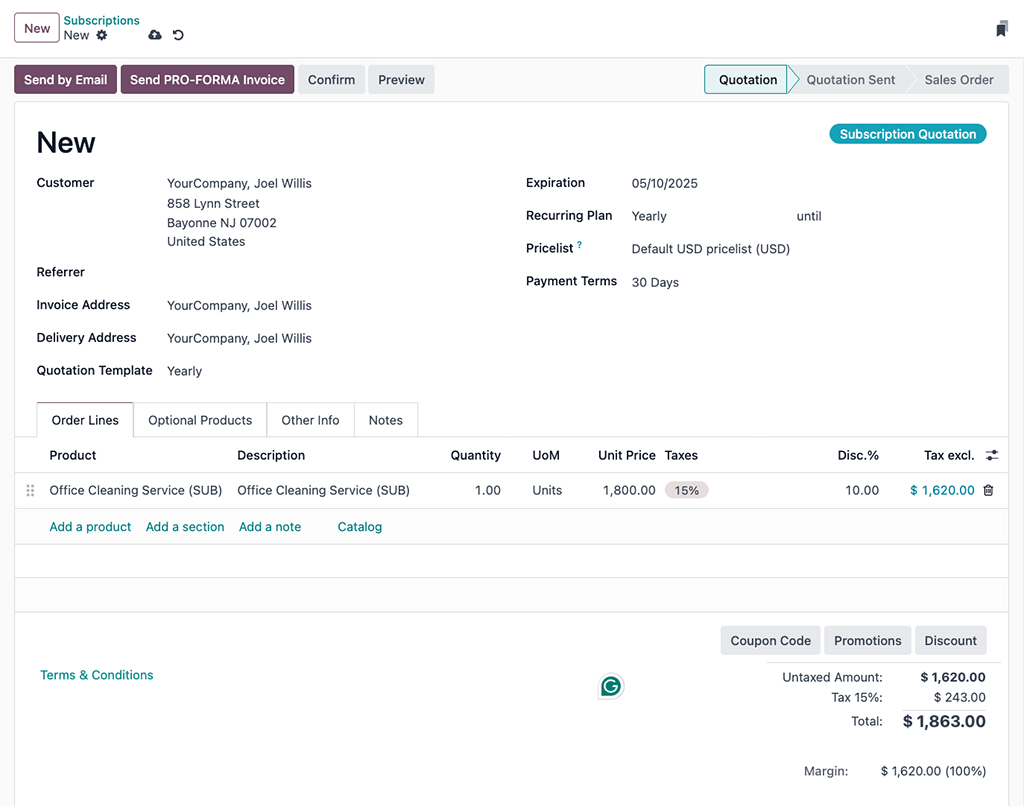Un ejemplo completado de una nueva cotización de suscripción en Odoo.