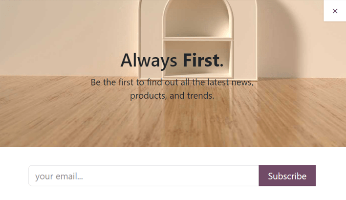 Imagen sobre cómo un bloque de creación de boletín de noticias emergente en el sitio web de Odoo.