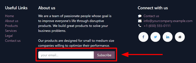 Imagen sobre cómo un bloque de creación de boletín de noticias en el sitio web de Odoo.