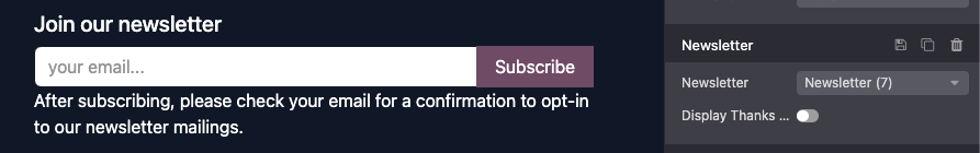 Formulario de suscripción al boletín en el pie de página de un sitio web de Odoo.