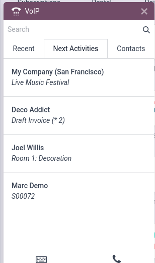 El widget VoIP. Las siguientes actividades aparecen destacadas y muestran las siguientes tareas.