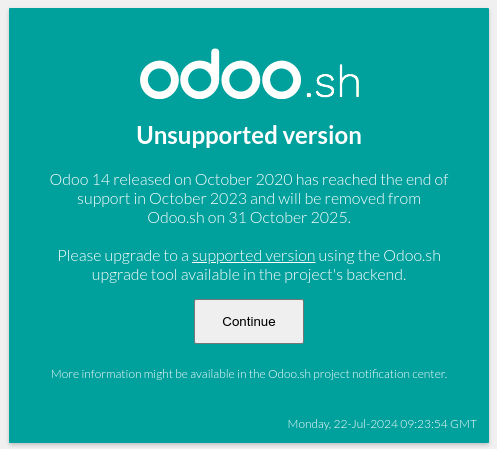 La ventana emergente "Versión incompatible" de Odoo.sh.