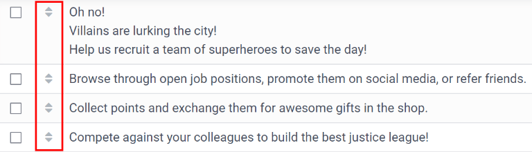 Las diapositivas de onboarding en una lista, con las flechas de arrastrar y soltar resaltadas.