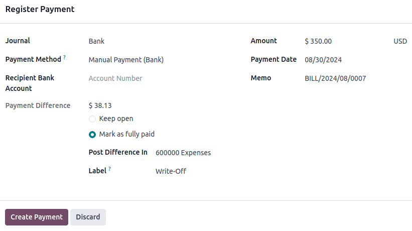 Registro de un pago parcial.