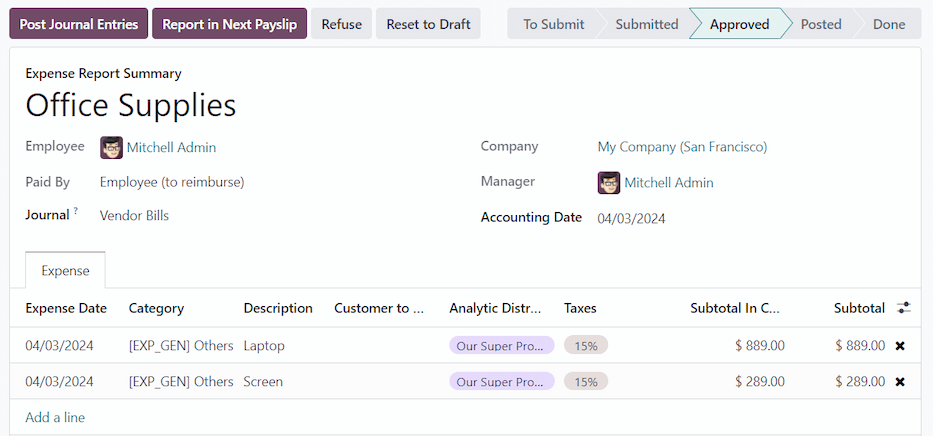 El botón Reembolsar en el siguiente recibo de nómina, aparece si el un estado del reporte de gastos es Aprobado.