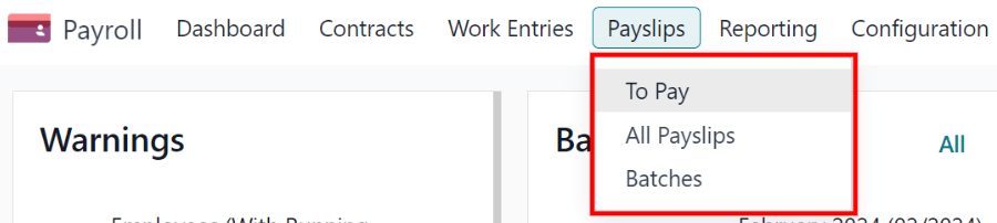 El menú Recibos de nómina aparece resaltado en la aplicación Nómina.