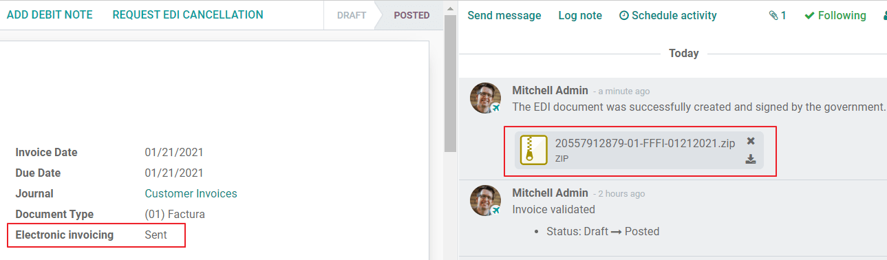 Mensaje en el chatter cuando la factura es válida.