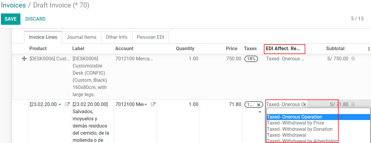 Motivo de afectación de impuestos en la línea de la factura.