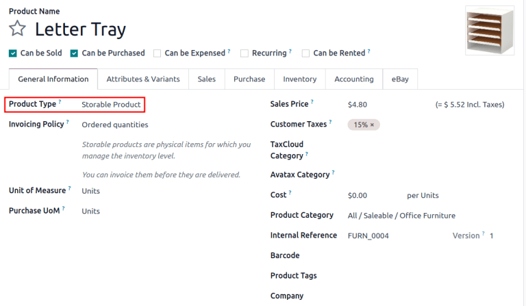 Establezca el tipo de producto como almacenable.