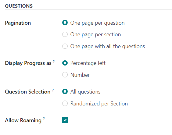 La sección Preguntas de la pestaña Opciones en un formulario de encuesta en la aplicación Encuestas de Odoo.