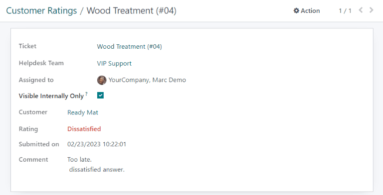 Vista de los detalles de una calificación de cliente individual.
