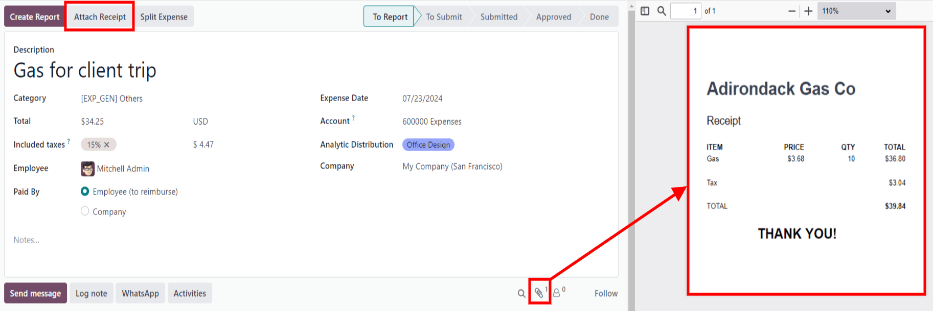 Adjunte un recibo y aparecerá en el chatter.