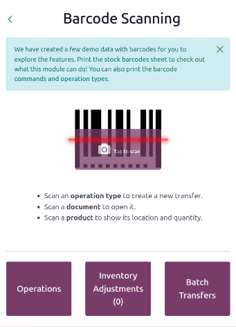 Pantalla de inicio de la aplicación Código de barras con un lector de códigos de barras