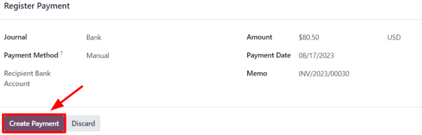 Imagen de la ventana emergente para registrar pago con el botón crear pago.