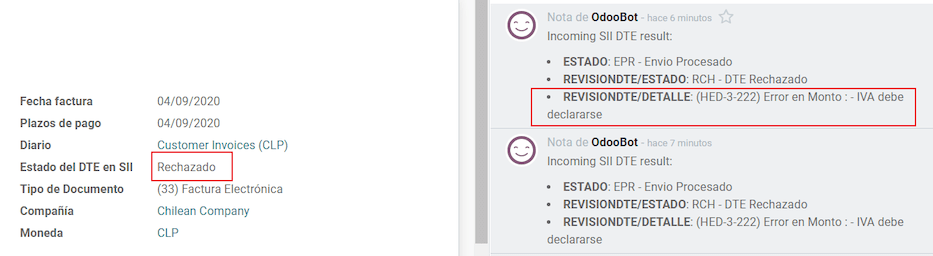 Mensaje que aparece si una factura fue rechazada.
