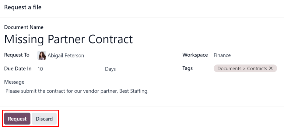 Captura de pantalla del formulario para solicitar un archivo, con todos los campos completados para solicitar un contrato.