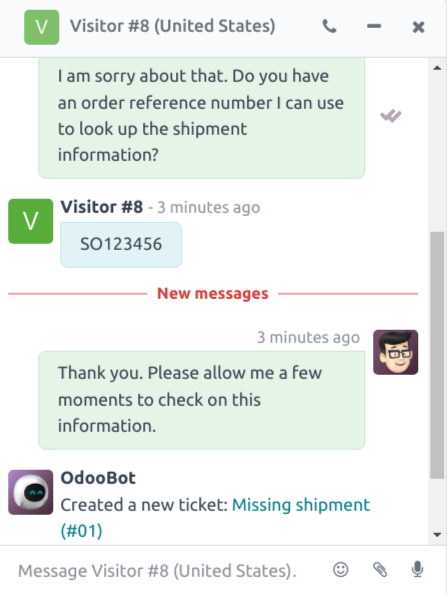 Vista de la ventana de chat con un ticket de soporte al cliente creado mediante la aplicación Chat en vivo de Odoo.