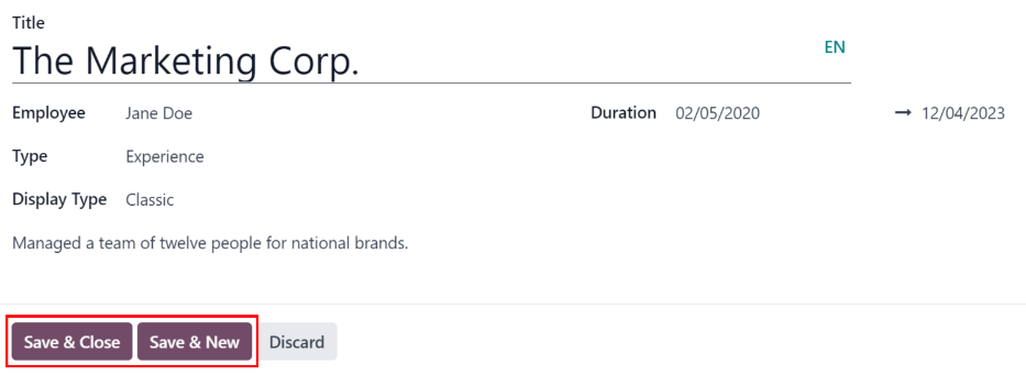Un formulario de currículum con toda la información completa.