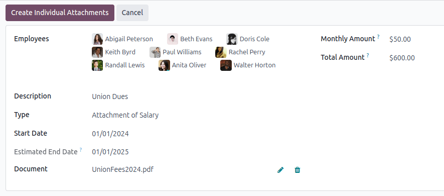 El formulario de deducción salarial con todos los campos llenos.