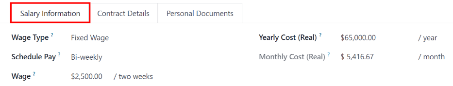 Pestañas opcionales para un nuevo contrato.