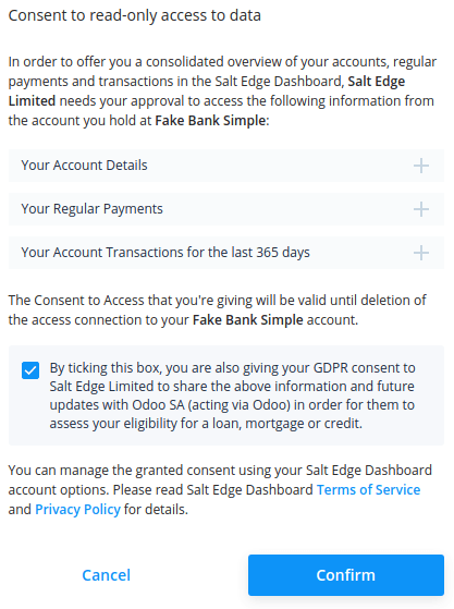 Captura de pantalla del consentimiento de Salt Edge.