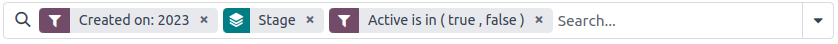 Los criterios de búsqueda para los reportes de ganados y perdidos son "Creado el", "Etapa" y "Activo es verdadero y falso".
