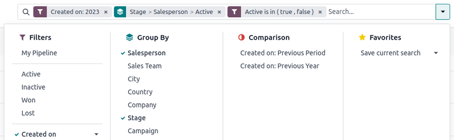 Al hacer clic en la flecha hacia abajo que se encuentra junto a la barra de búsqueda, se abrirá un menú de filtros para el análisis. 