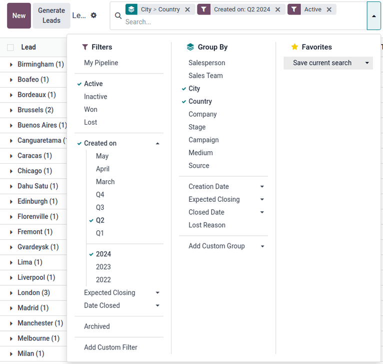 Seleccione cualquier número de filtros y grupos en las opciones de búsqueda.