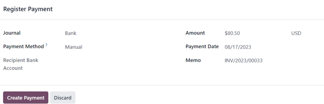 El segundo formulario emergente de registro de pago en las ventas de Odoo.