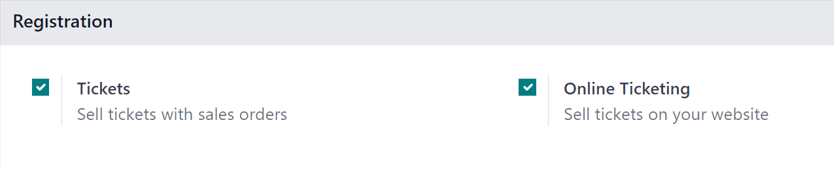 La sección Registro en la página de ajustes en la aplicación Eventos de Odoo.
