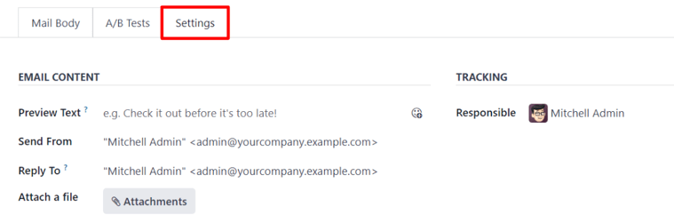 Vista de la pestaña Ajustes en la aplicación Marketing por correo de Odoo, con los ajustes de campaña desactivados.
