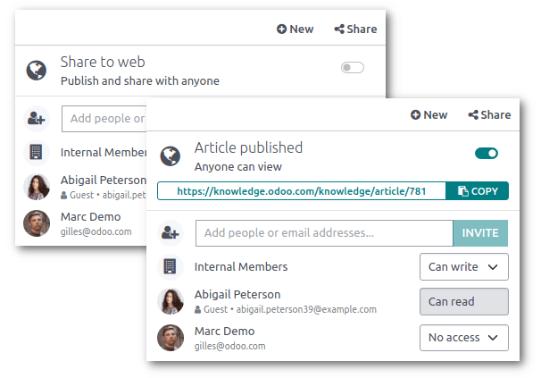 Menú compartir con la URL para compartir en línea y la lista de miembros.