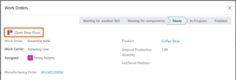 El botón Abrir taller para una orden de trabajo en una orden de fabricación.
