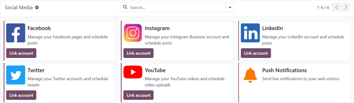 Vista de la página de redes sociales en la aplicación Redes sociales de Odoo.