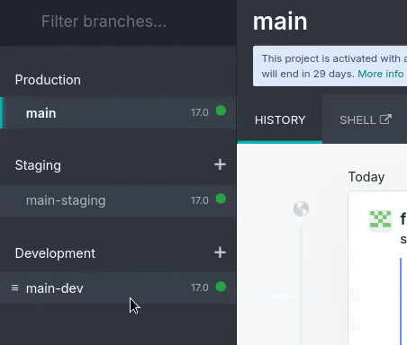 Demostración del proceso para cambiar una rama de etapa.