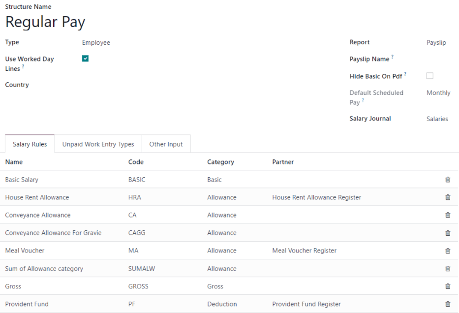 Detalles de la estructura salarial para un pago regular, enumerando todas las reglas salariales específicas.
