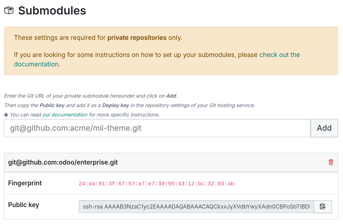 Captura de pantalla de los ajustes de los submódulos