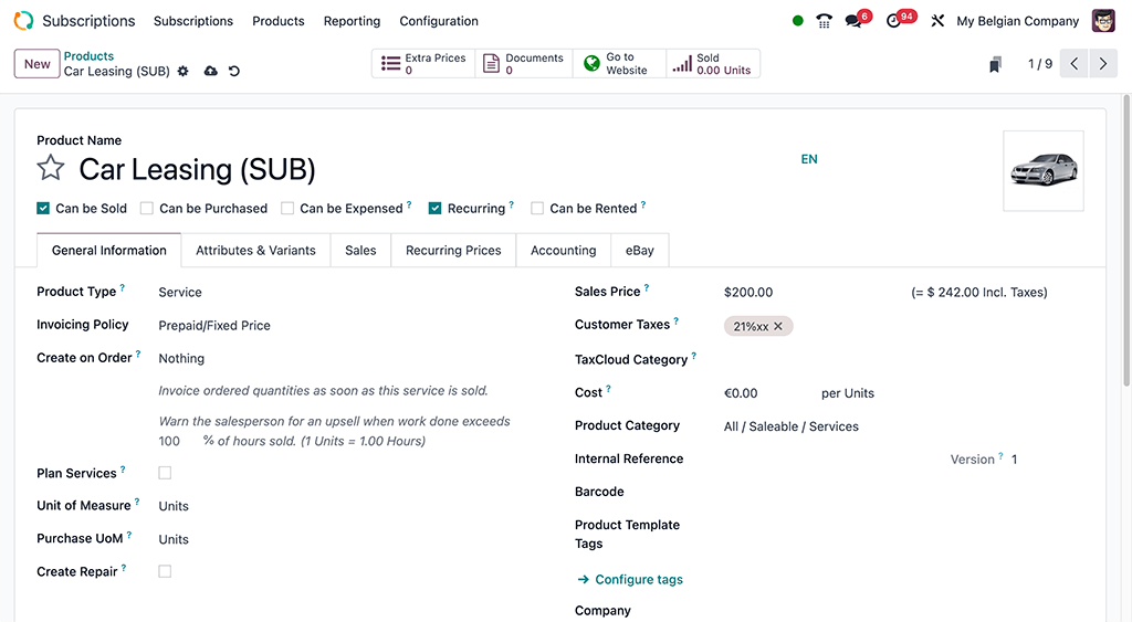 Un formulario de un producto de suscripción básico en Suscripciones de Odoo.