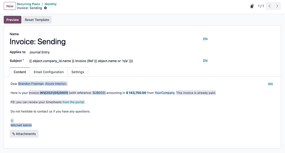 Una plantilla de correo electrónico en Odoo utilizada para enviar mensajes de facturación de suscripciones a los clientes.