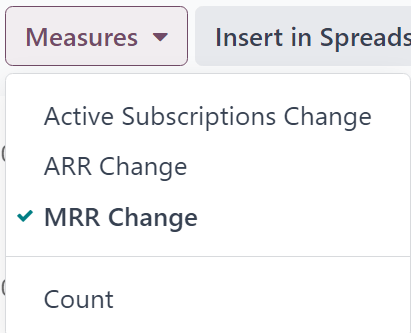 La apariencia predeterminada de la página del reporte de Desglose de MRR en la aplicación Suscripciones de Odoo.
