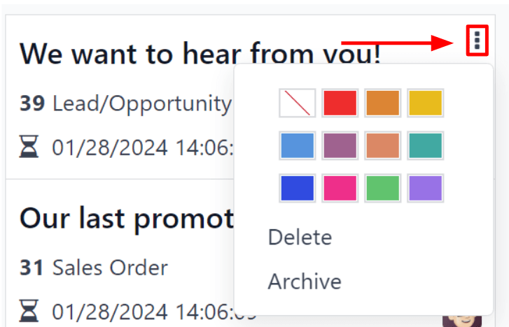 Imagen del menú desplegable que sale al hacer clic en los tres puntos desde el tablero de Marketing por correo de Odoo.