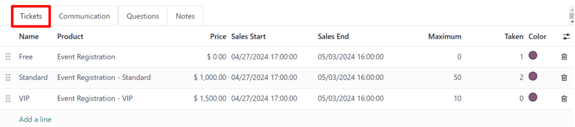 Una pestaña de boletos común en un formulario de evento en la aplicación Eventos de Odoo.