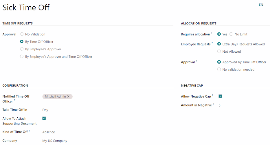 La mitad superior del formulario de tiempo personal, con toda la información completa para un tiempo personal de enfermedad.