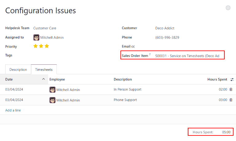 Vista de la pestaña de hojas de horas en un ticket de soporte al cliente.