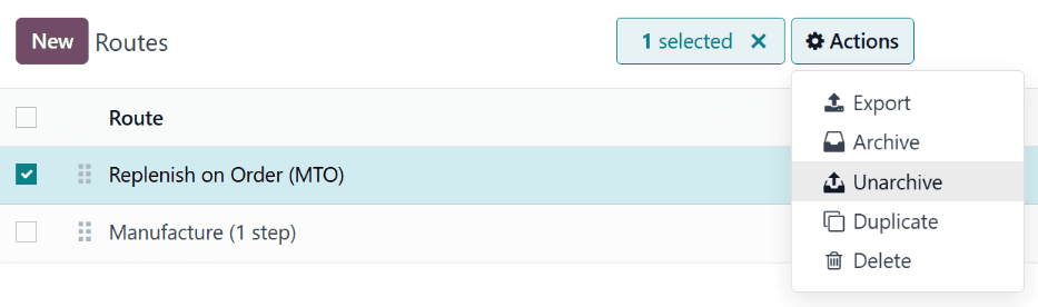La acción desarchivar en la página Rutas.