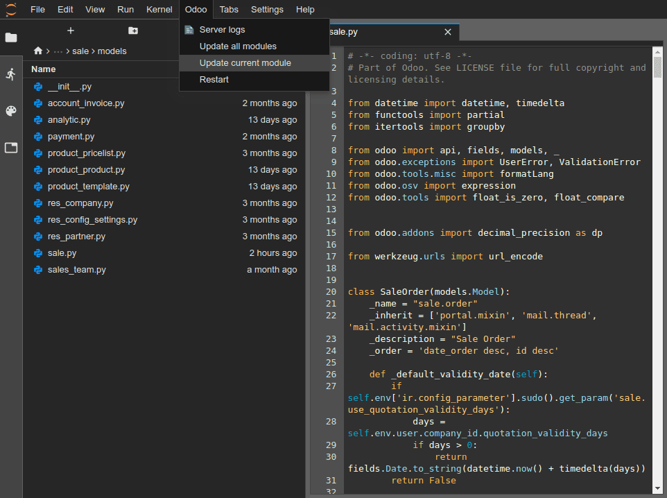 Captura de pantalla del uso del editor para actualizar el módulo actual
