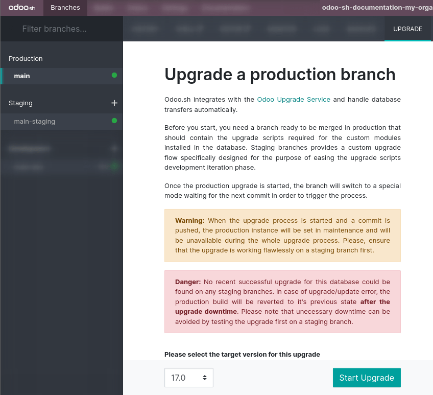 La pestaña de actualización de la rama