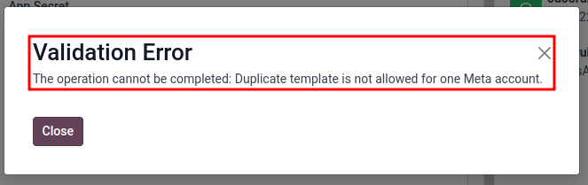 Mensaje de error que aparece Odoo cuando hay una plantilla duplicada.