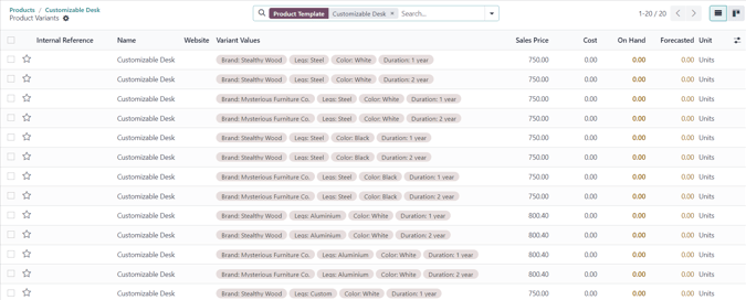Puede acceder a la página de variantes mediante el botón inteligente variantes en el formulario de producto de Odoo.